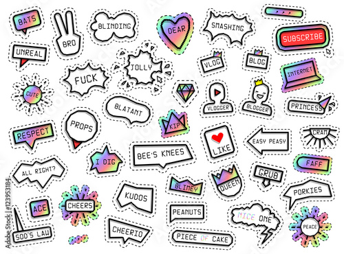 Set of 40 quote for the Web site in linear and pixel art style. Patch fashion collection. Popular phrases: label text Element of design in the style of pixel art with hologram