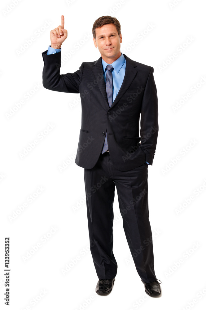 Full-length businessman sales representative ceo speaker presenter point upward isolated on white background