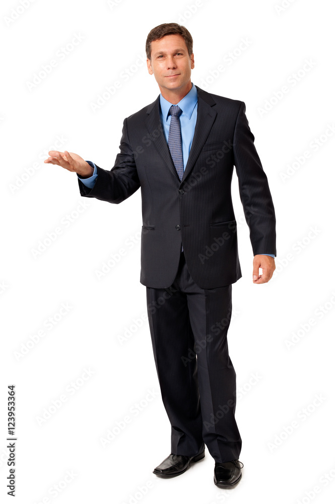 Full-length male man businessman presenter speaker ceo presenting explaining gesturing showing isolated on white background Full-length male man businessman presenter speaker ceo presenting explaining gesturing showing isolated on white background