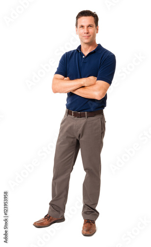 Full-length business causal professor teacher businessman ceo architect engineer accountant in polo shirt with arms crossed isolated on white background