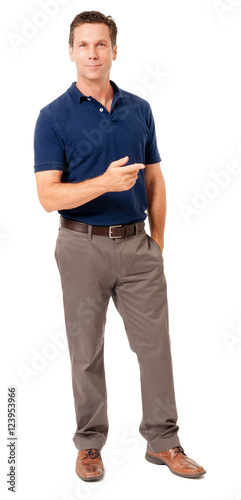 Full-length business causal professor teacher businessman speaker ceo spokesman explaining demonstrating pointing isolated on white background