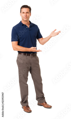 Full-length business causal male man businessman professor teacher chief executive speaker presenter explaining gesturing showing isolated on white background photo