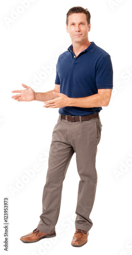 Full-length causal businessman professor teacher gesturing showing demonstrating explaining isolated on white background for use alone or as a design element