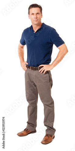 Full-length male man causal businessman in polo shirt and khakis isolated on white background for use alone or as a design element