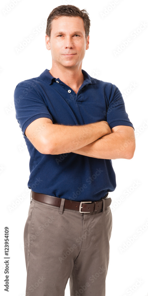 Fototapeta premium Causal dress businessman in polo shirt with arms crossed isolated on white background