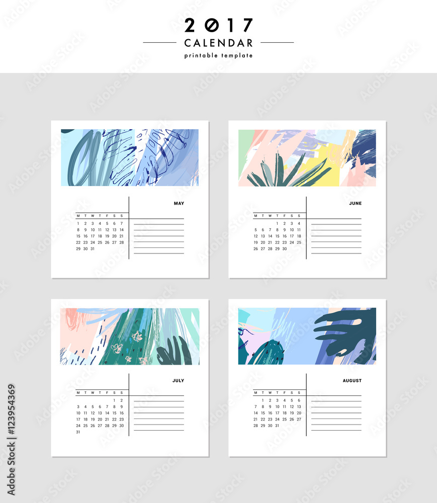 Creative Calendar 2017. Template with different textures. Modern graphic design. Hand Drawn abstract elements. Vector. Isolated