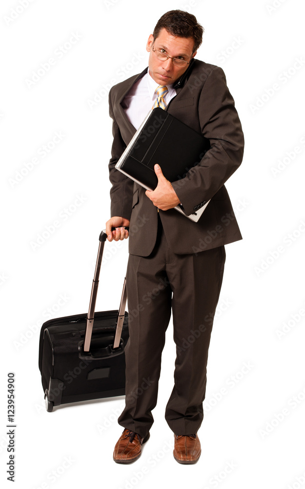 Full-length male man business traveler with computer and rolling suitcase isolated on white background Full-length male man business traveler with computer and rolling suitcase isolated on white background