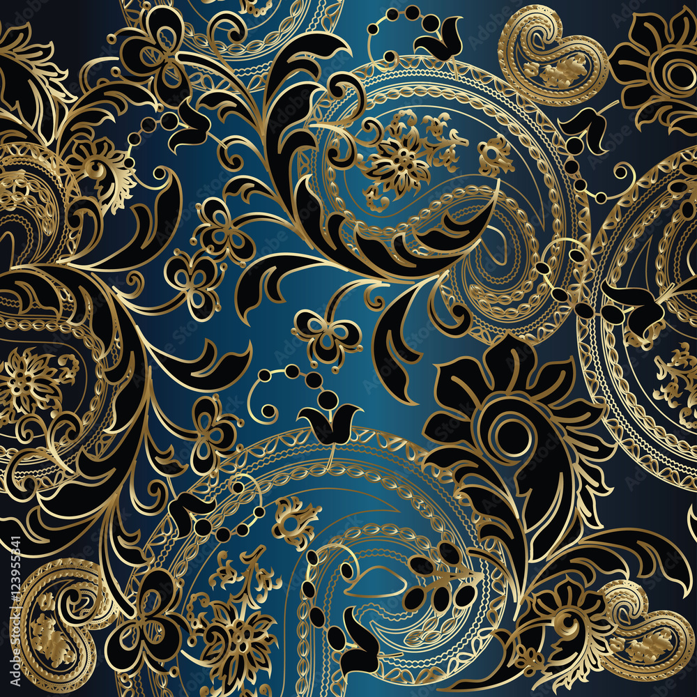 Paisleys floral  elegant vector seamless pattern background wallpaper illustration with vintage stylish beautiful modern 3d gold and black paisley flowers leaves and ornaments on the blue  background.