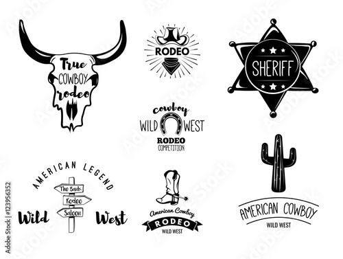 Wild West. Set of vintage rodeo emblems, labels, logos, badges and designed elements. Western USA label about wild west