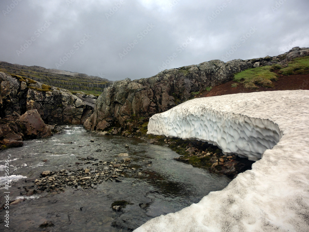 Glacier edge touching stream in Iceland
