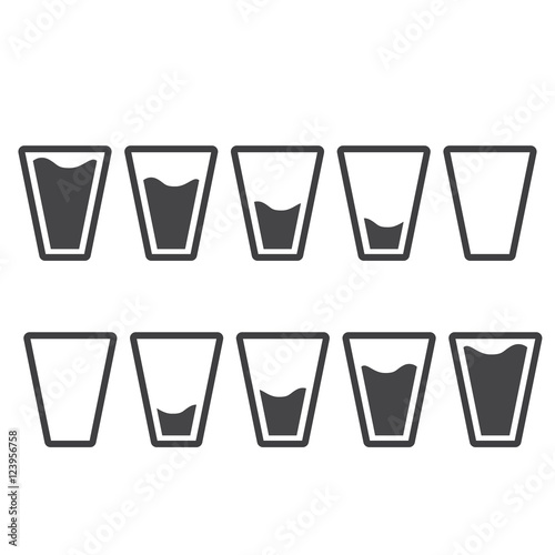 Filling black glasses of water set. Flai icons set. Raster illustration