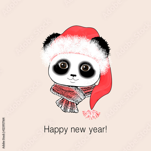 Fototapeta Naklejka Na Ścianę i Meble -  Panda portrait in red Santa's hat and bow