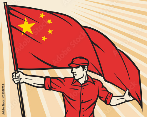 Worker holding a China flag poster design