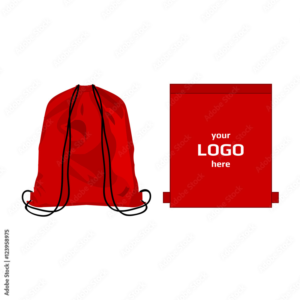 Drawstring sport bag red color, place for logo isolated vector on the