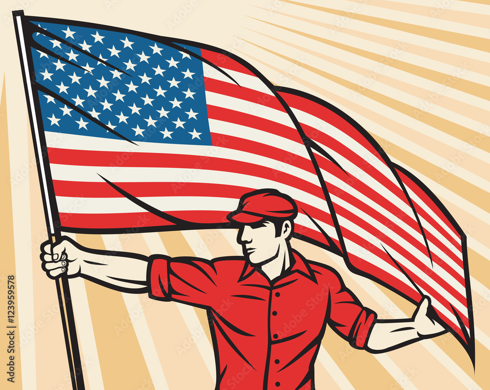 Fotografie Worker holding a USA flag poster design
