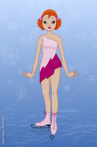 Girl in pink dress ice-skating at the rink