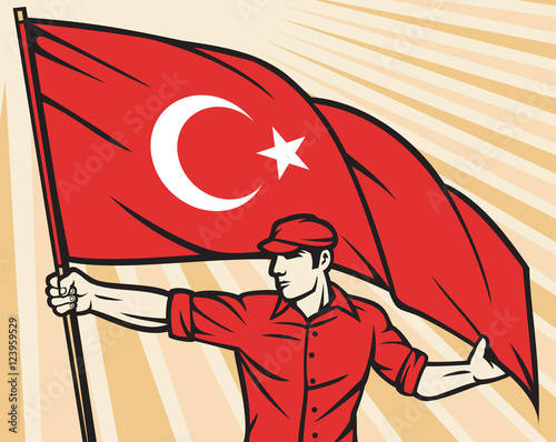 Worker holding flag of Turkey - industry poster