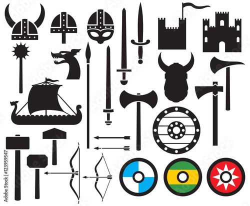 viking icons collection (sword, round wooden shield, long ship, head horned helmet, mace, hammer, arrow, bow, axe, tower, old castle)