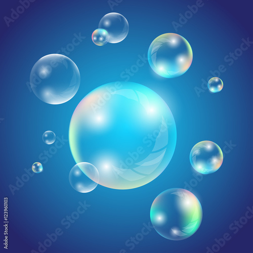 Transparent soap or water bubbles. Realistic soap bubbles with rainbow reflection set isolated vector illustration
