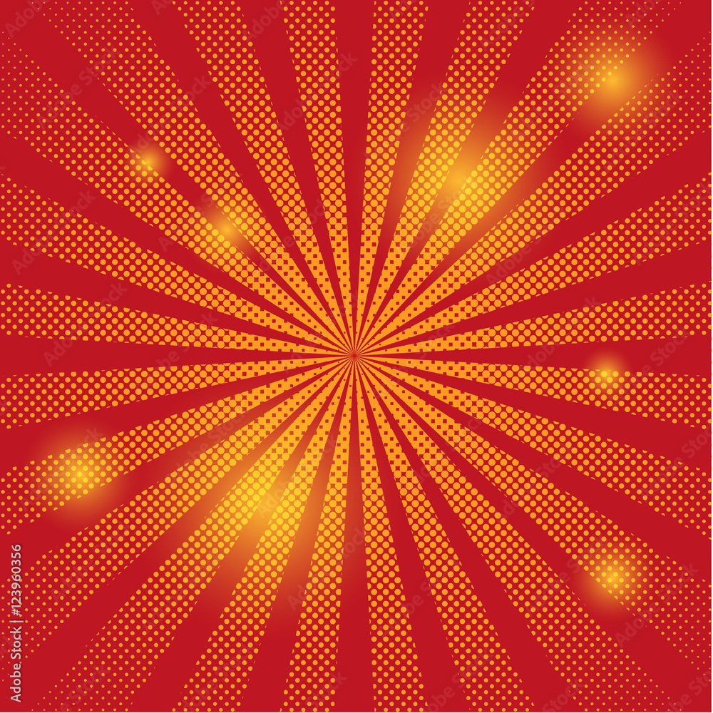 Fototapeta premium Retro rays red background raster comic gradient halftone pop-art style