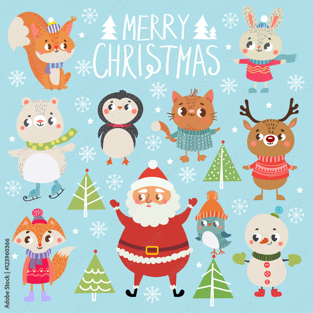 Set of funny Christmas personages. Christmas characters. Collection with cute animal