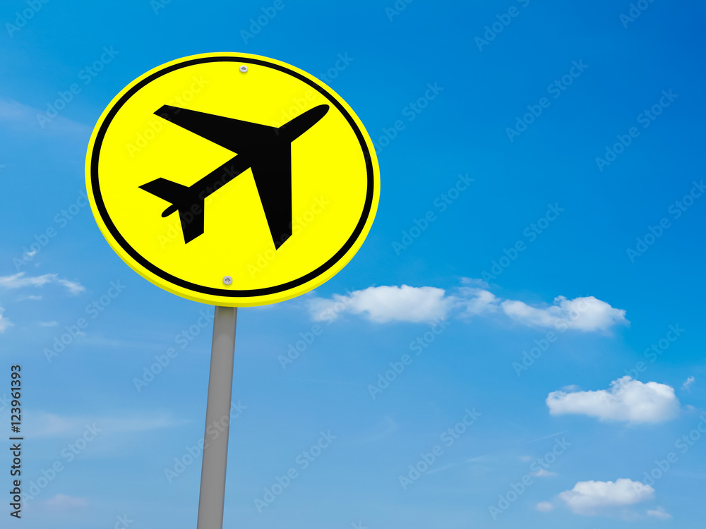 Round Yellow Road Sign Airport Symbol Against A Cloudy Sky, 3d illustration Round Yellow Road Sign Airport Symbol Against A Cloudy Sky, 3d illustration