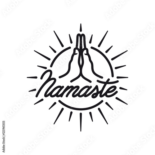 Hand drawn namaste sign. Yoga center emblem. Vector vintage illustration.