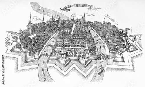 Photography City view of Berlin in XVII century, vintage engraving