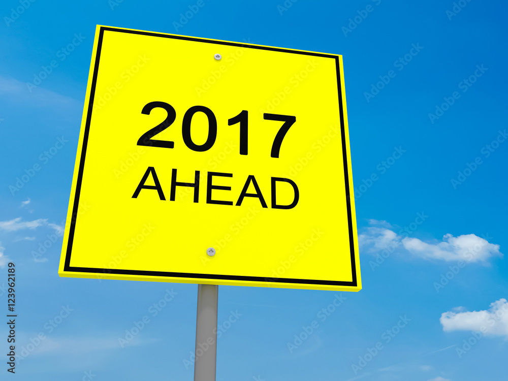 Yellow Road Sign 2017 Ahead Against A Cloudy Sky, 3d illustration Yellow Road Sign 2017 Ahead Against A Cloudy Sky, 3d illustration