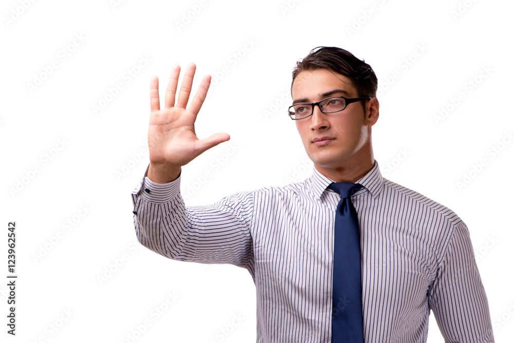Young handsome businessman pressing buttons isolated on white Young handsome businessman pressing buttons isolated on white
