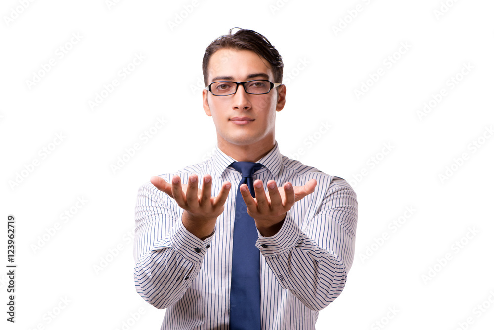 Young handsome businessman pressing buttons isolated on white Young handsome businessman pressing buttons isolated on white