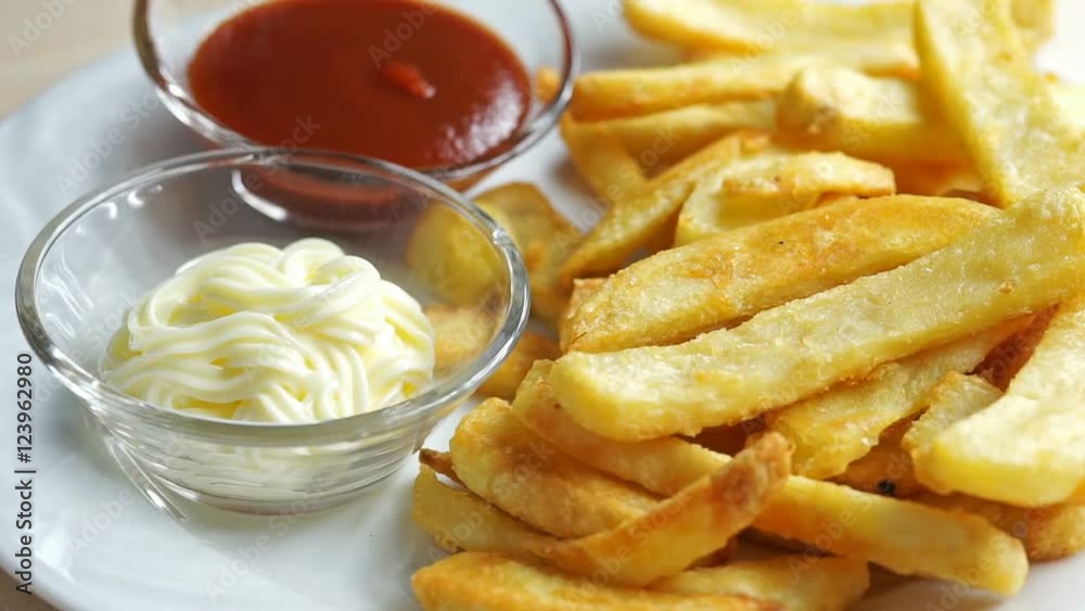 French fries with ketchup and mayonnaise. a potato chip is dipped in mayonnaise French fries with ketchup and mayonnaise. a potato chip is dipped in mayonnaise