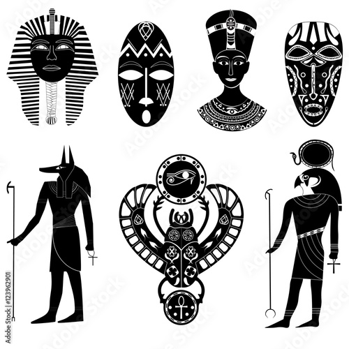 A set of silhouettes of Egyptian Tutankhamun, Cleopatra and Nefe