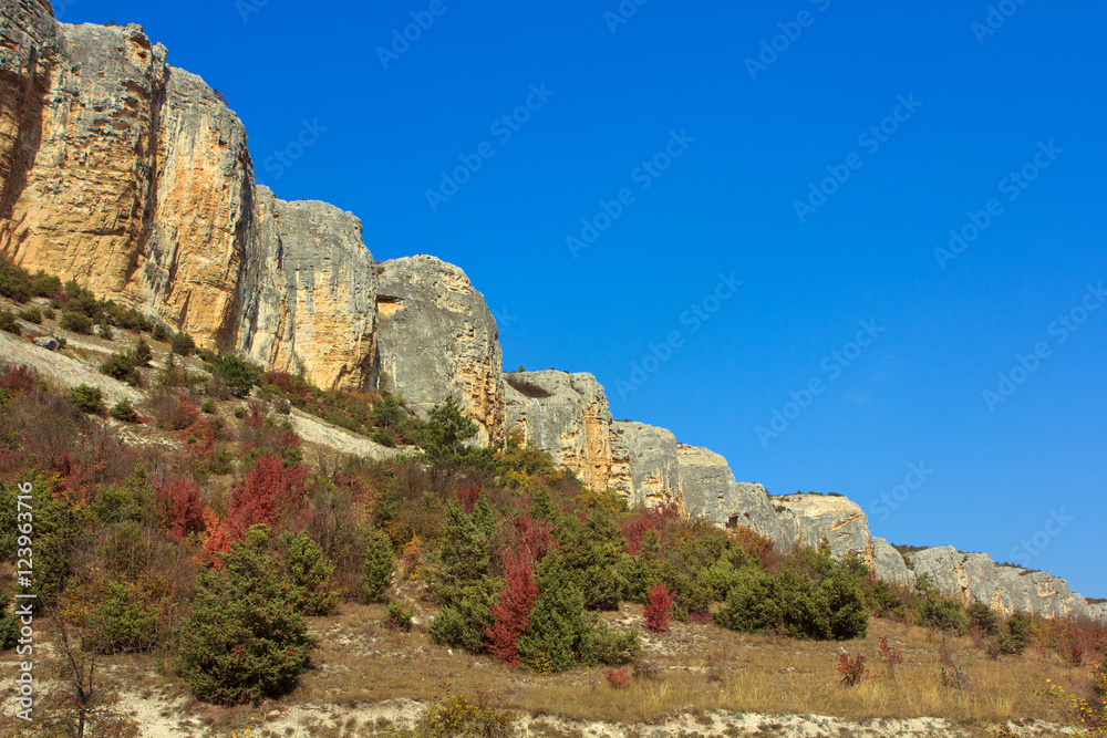 Rock, a mountain range in the background of blue cloudless sky.