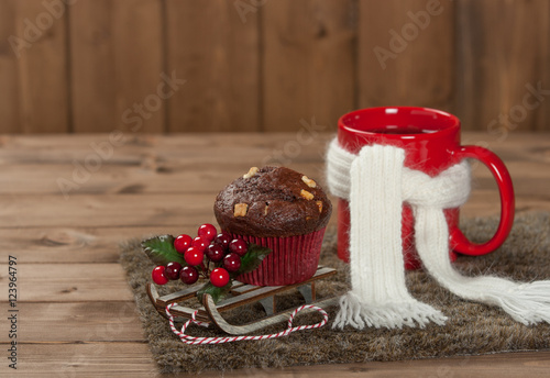 Chocolate Muffin With White Chocolate Chips. Mug Of Tea Or Coffe