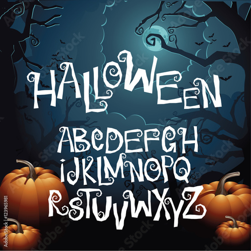 Halloween hand drawn creepy curly font alphabet with bonus jack-o-lantern and scary tree background. EPS 10 vector.