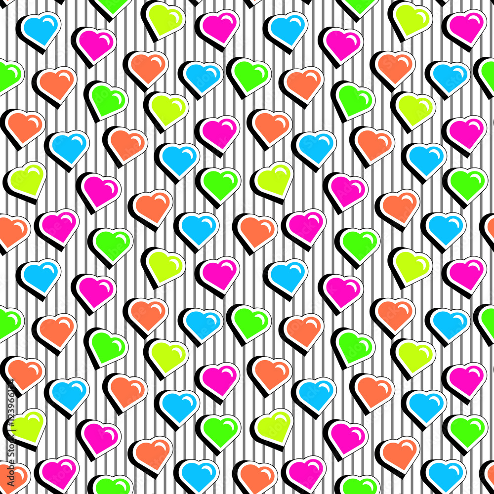 Seamless pattern with colorful badge shape hearts on black striped background. Vector illustration with heart stickers in 80s-90s comic style. Pop art stile repeating texture with colorful hearts.