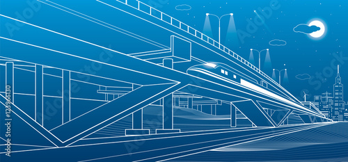 Train move on the bridge, night city and overpass, industrial and transportation illustration, white lines landscape, night town, vector design art 