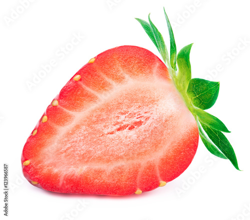 Perfectly retouched sliced strawberry with leaves isolated on the white background with clipping path