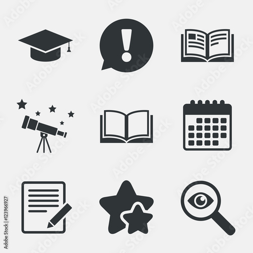 Pencil and open book signs. Graduation cap icon.
