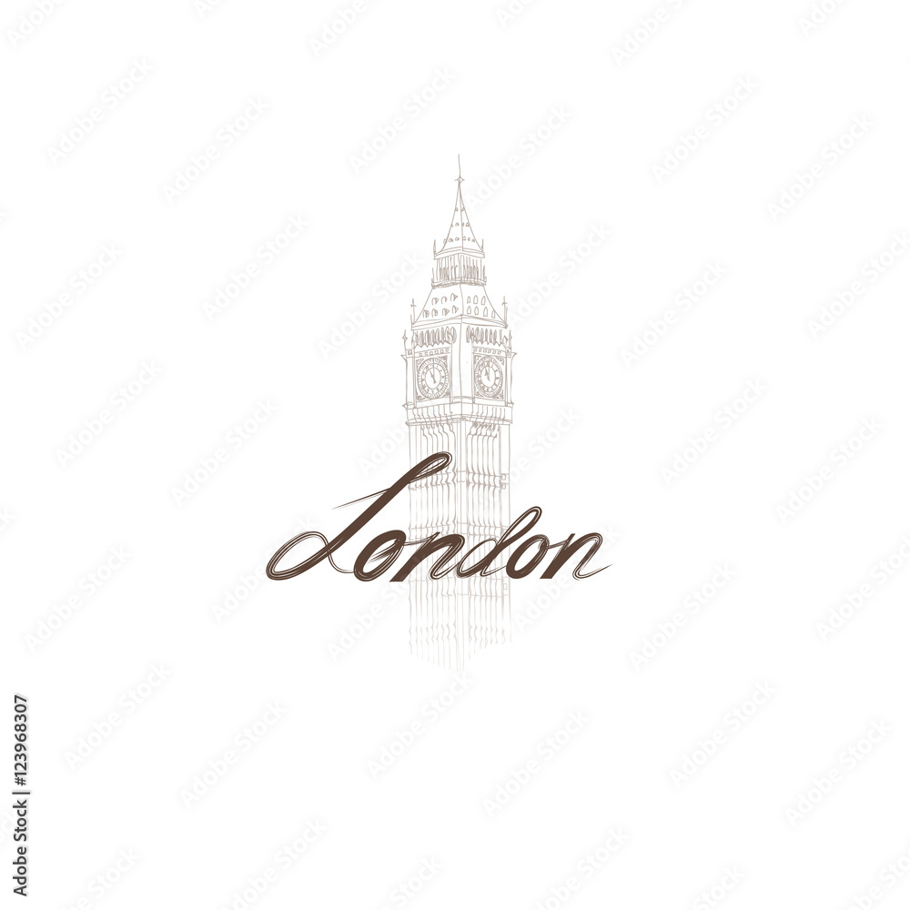London sign handwritten lettering with Big Ben tower. London city