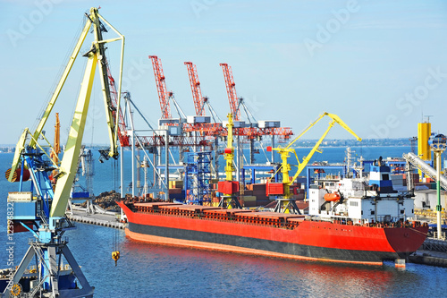 Bulk cargo ship under port crane