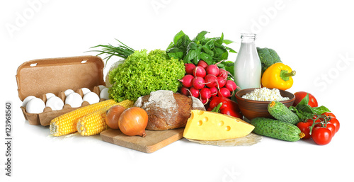 Fototapeta Naklejka Na Ścianę i Meble -  Vegetables and dairy products isolated on white