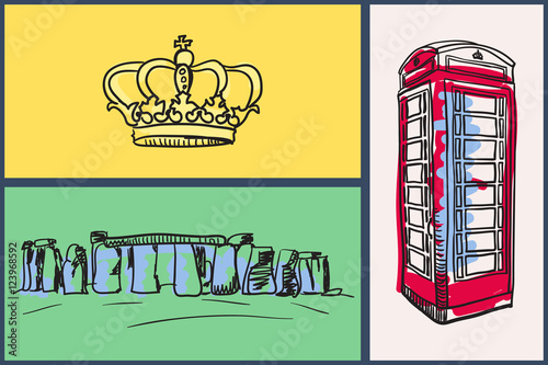 English national symbols. Royal crown, london red telephone box, stonehenge hand drawn vector illustrations on colored backgrounds set. For travel company ad, touristic concepts, web pages design