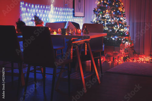 Interior of living room decorated for Christmas