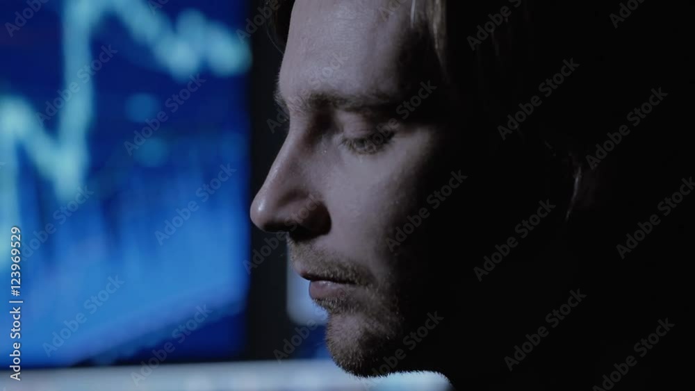 Tired or stressed businessman sitting in front of computer in office late. Man with headace work at night. Student befire exam. Tired or stressed businessman sitting in front of computer in office late. Man with headace work at night. Student befire exam.