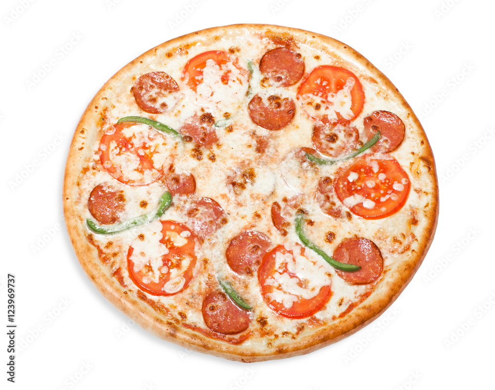 traditional Italian food: pizza with salami, tomatoes and sweet peppers, isolated on white background traditional Italian food: pizza with salami, tomatoes and sweet peppers, isolated on white background