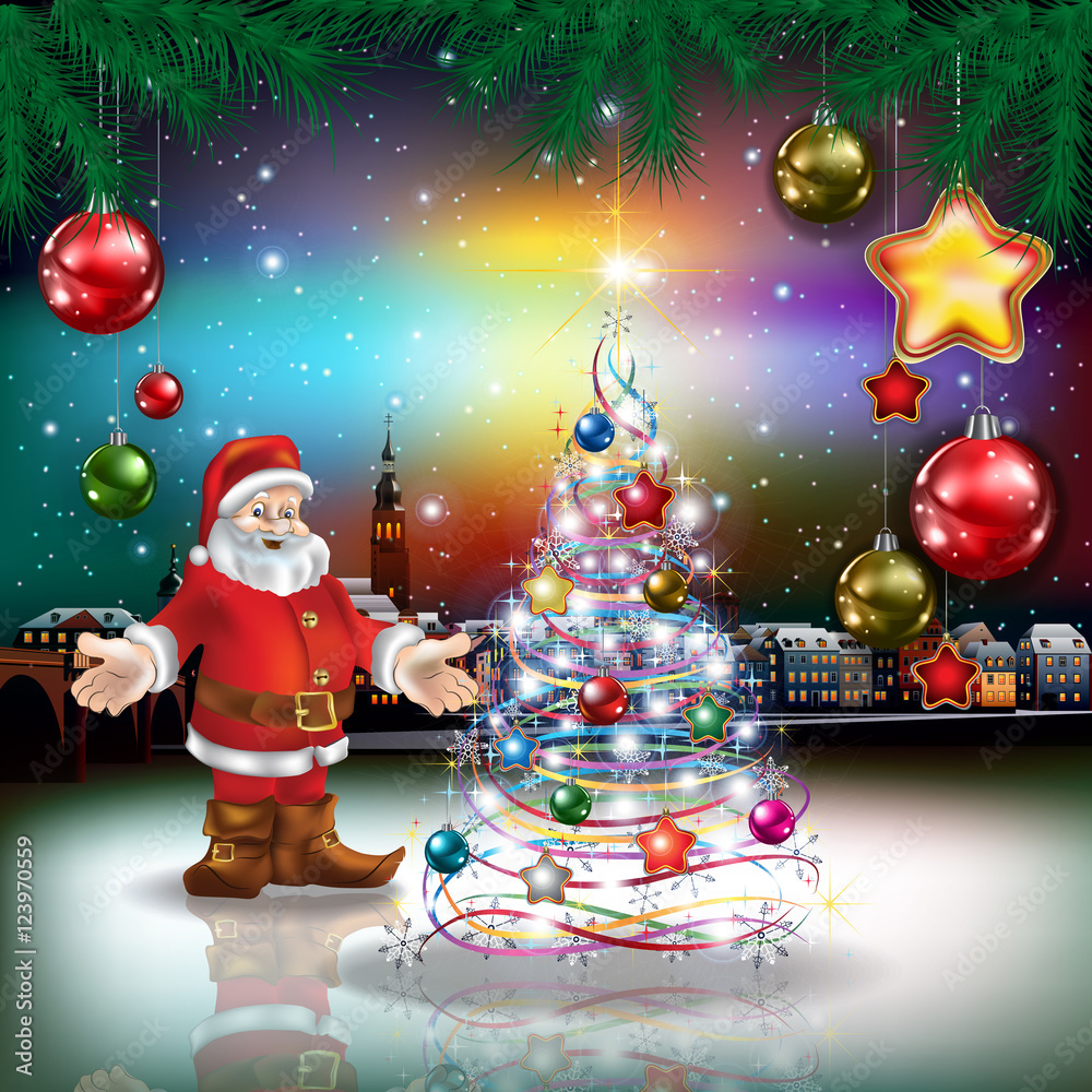 Christmas greeting with panorama of city Christmas greeting with panorama of city