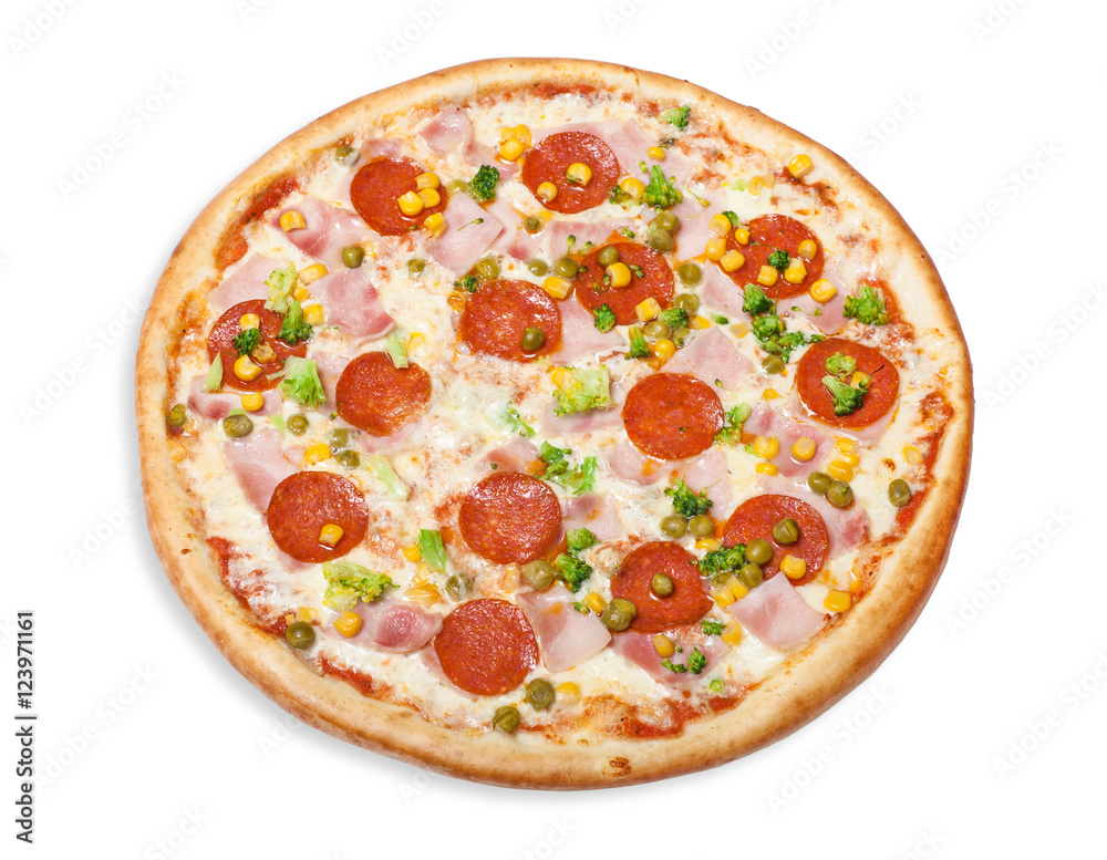 traditional Italian food: pizza with ham, pepperoni, broccoli, corn and green peas, isolated on white background
