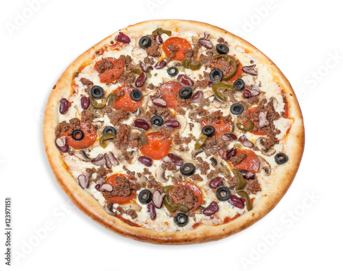 traditional Italian food: pizza with ground beef, peperoni, mushrooms and beans, isolated on white background 